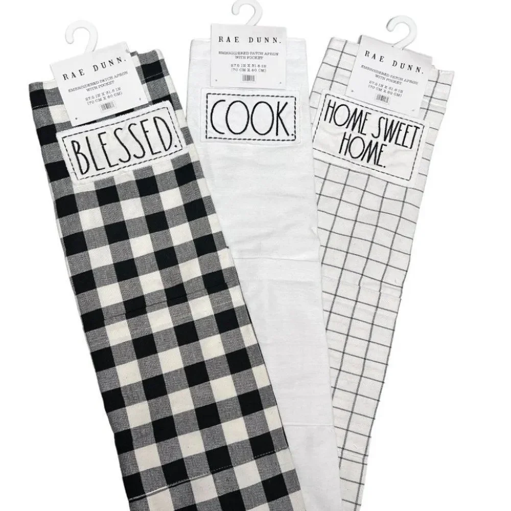 Rae Dunn Blessed /Cook /Home Sweet Home Apron Embroidered Patch‎ Pocket Checked